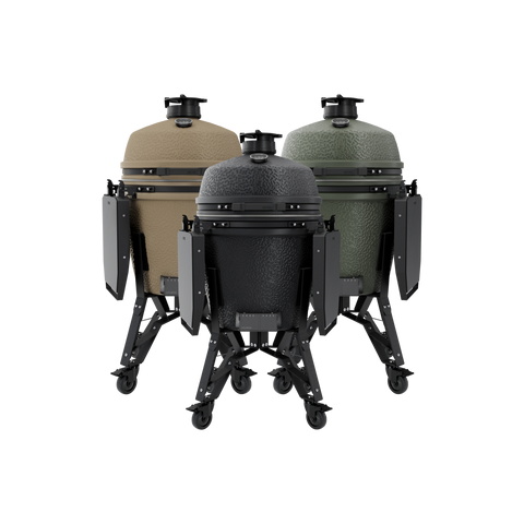 Three ceramic smokers on stands with wheels on a white background